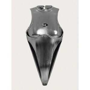 Metallic Silver High Cut Bodysuit Women Sleeveless Mock Neck Cutout Clubwear L